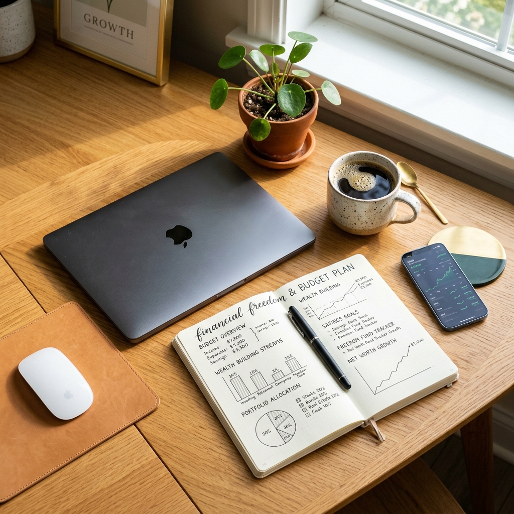 Open notebook with a hand-drawn savings chart beside a coffee cup on a sunlit desk